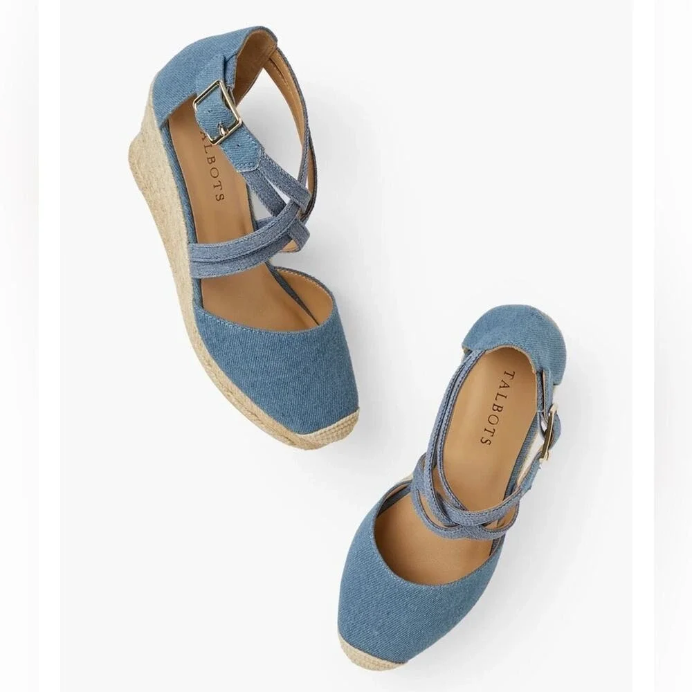 Talbots Lyndsay Espadrille Denim Wedge Criss Cross Straps Back Zip Shoes Sz 9 - Picture 4 of 11